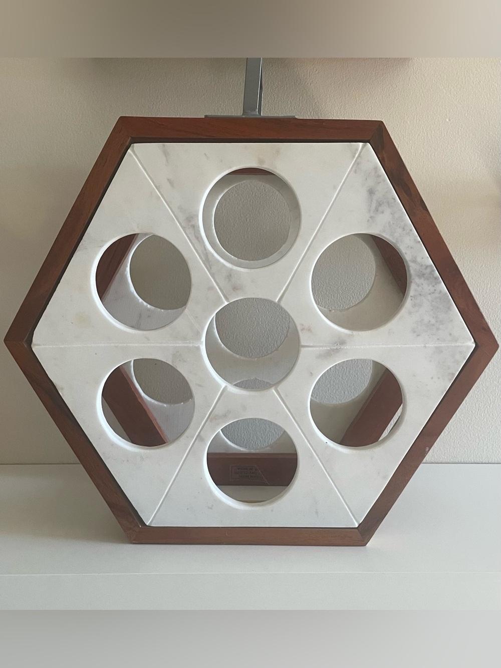 Hexagonal White Marble and Wooden Wine Rack